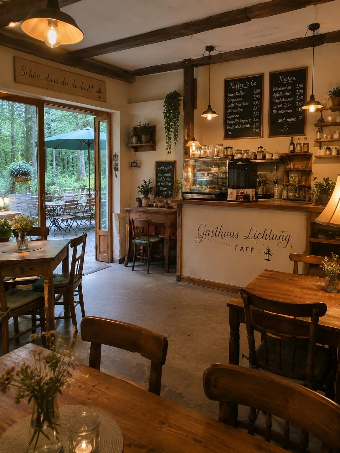 Gemütlicher Innenraum von Gasthaus Lichtung mit Holztischen, Theke und warmer Beleuchtung