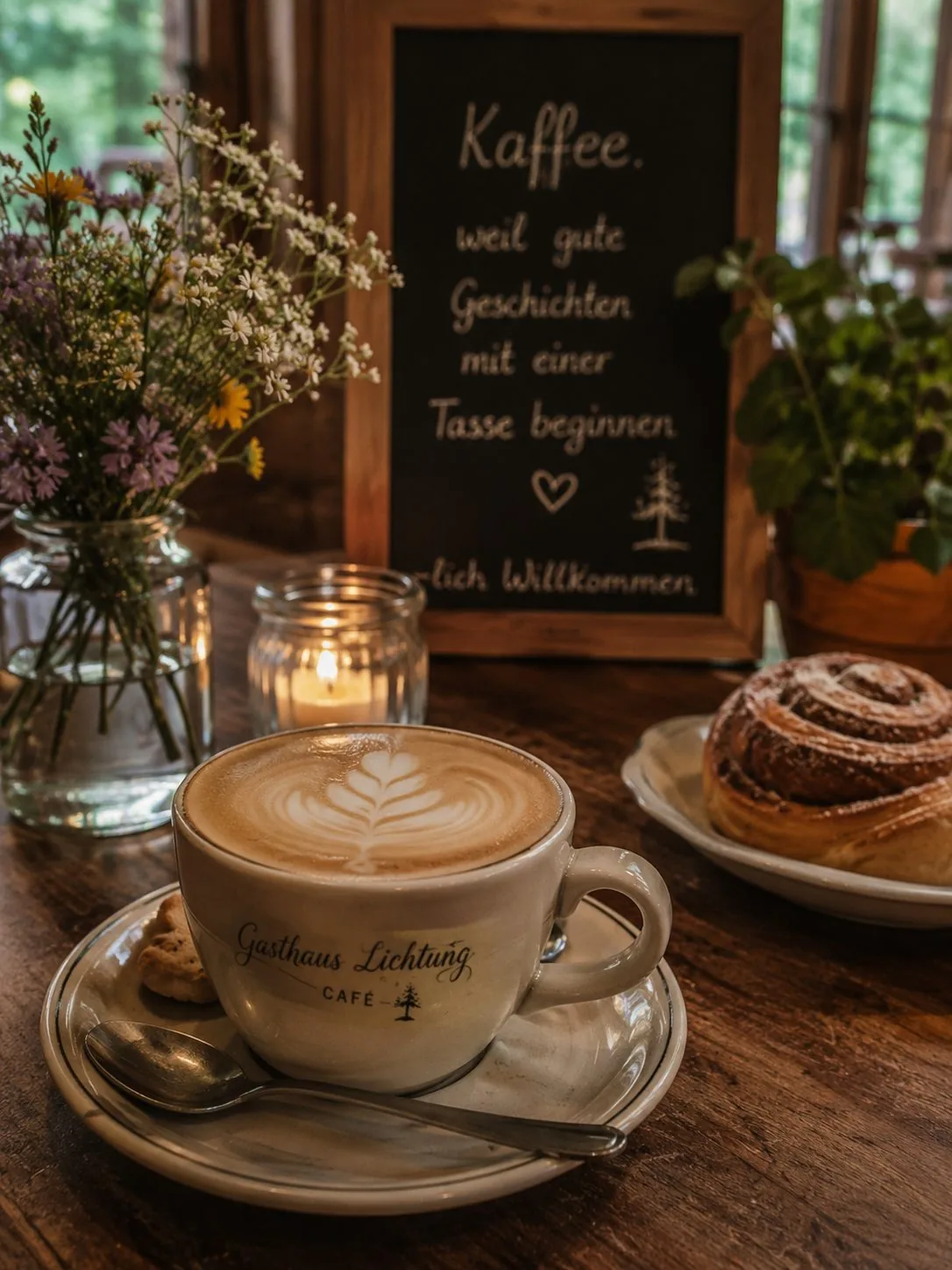 Cappuccino mit Latte Art in einer Tasse von Gasthaus Lichtung, im Hintergrund ein Zimtschneckengebäck