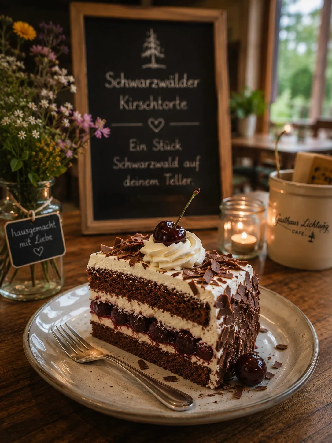 Ein Stück Schwarzwälder Kirschtorte mit Kirsche, Sahne und Schokoladenraspeln