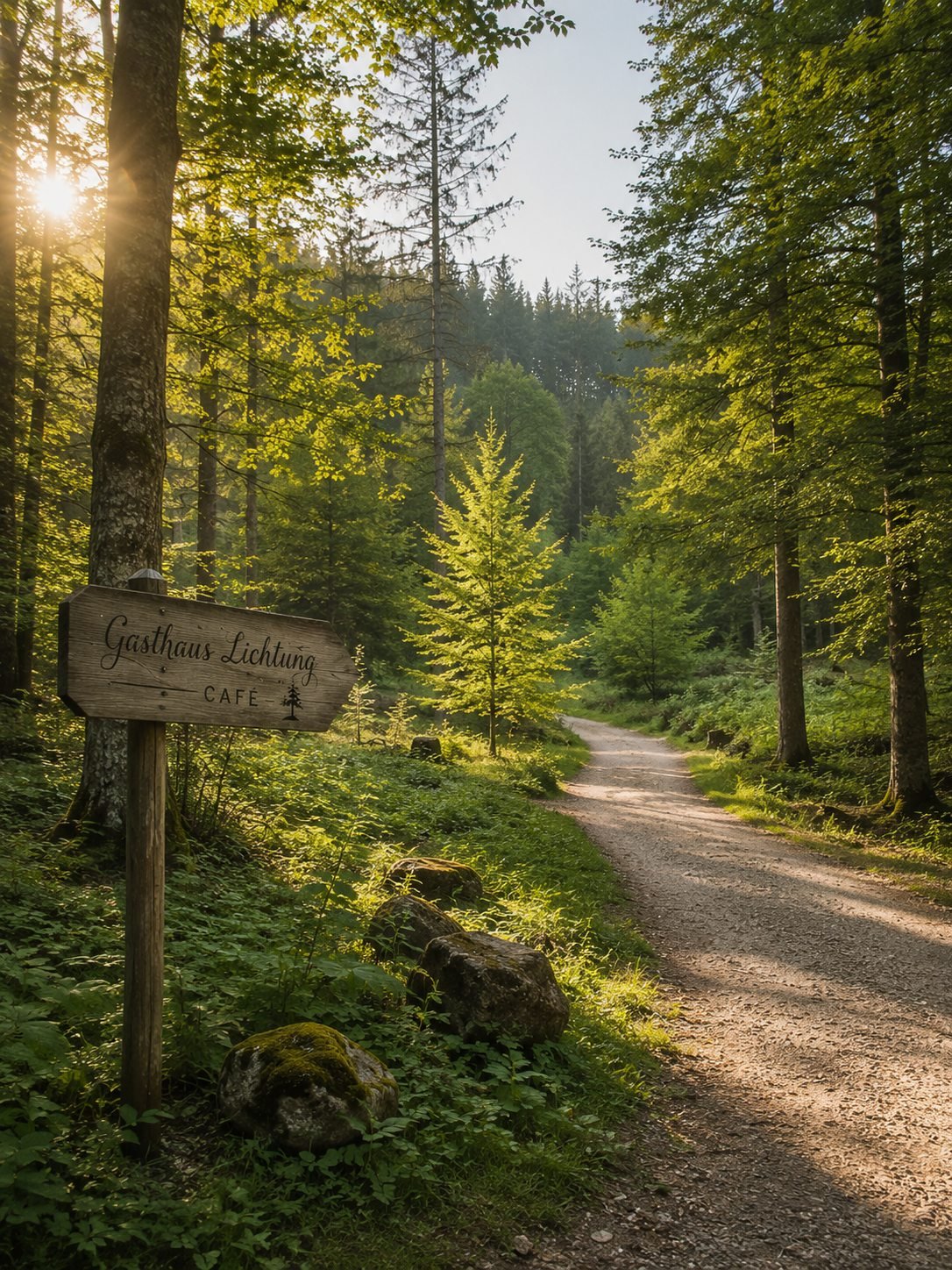 Sonnendurchfluteter Waldweg mit Wegweiser zum Gasthaus Lichtung