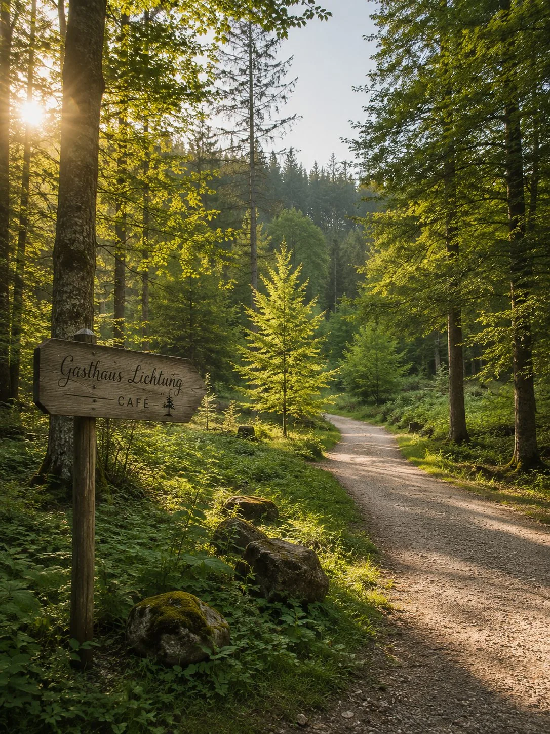 Sonnendurchfluteter Waldweg mit Wegweiser zum Gasthaus Lichtung