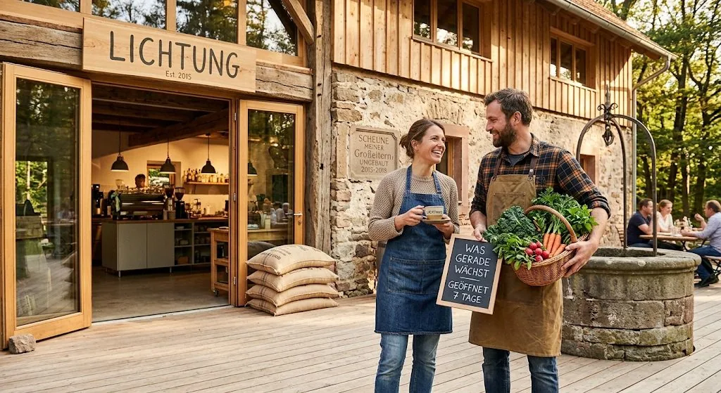Meike und Tobias vor der umgebauten Scheune mit dem Schild 'Lichtung, Est. 2015'
