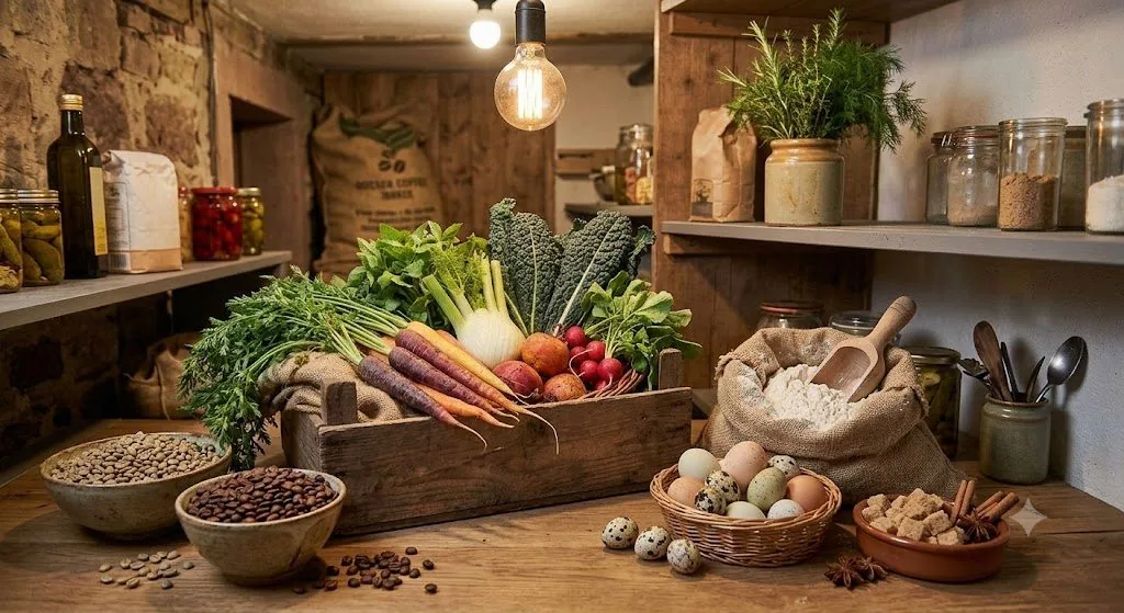 Frisches Gemüse, Eier, Kaffeebohnen und Vorräte aus der Speisekammer von Gasthaus Lichtung